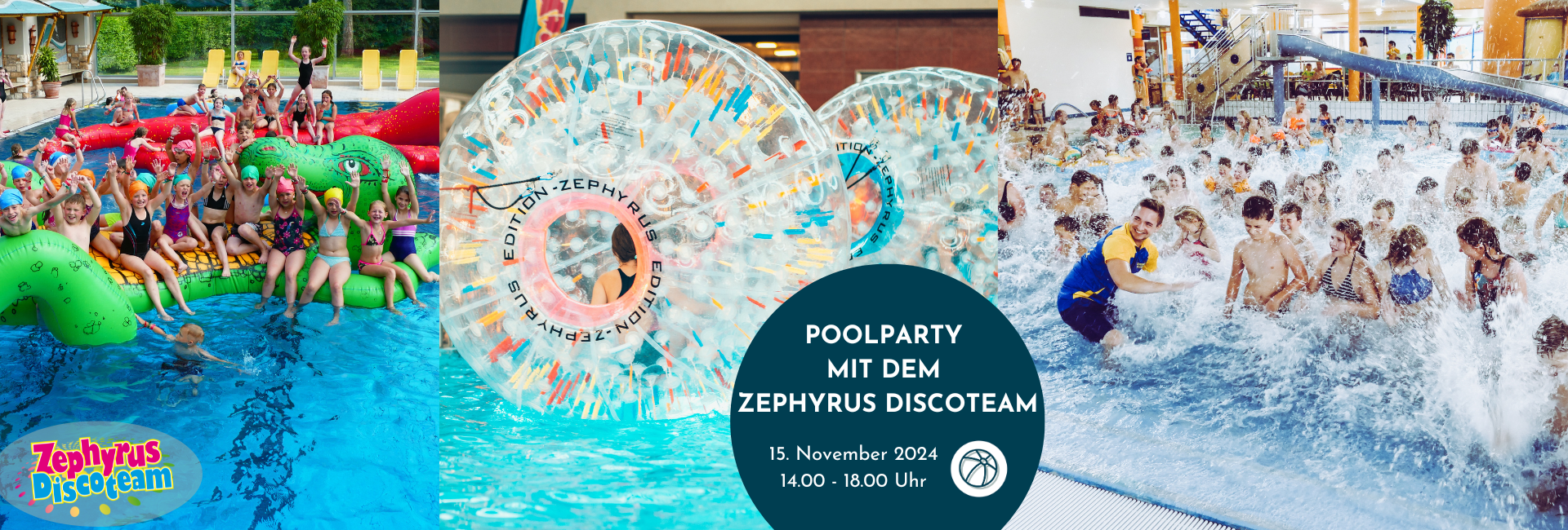 Ankündigung der nächsten Poolparty mit dem Zephyrus Discoteam am 15. November.